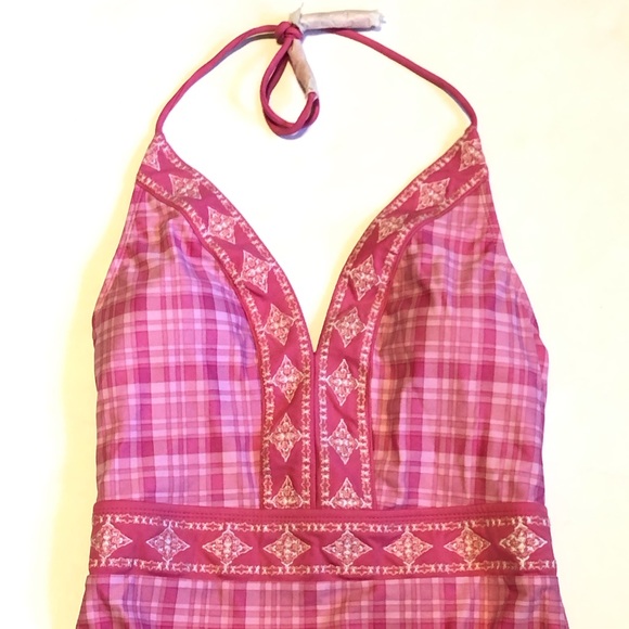 NWT Cabana Life x Talbots One Piece Halter Pink Sunrise Plaid Tassel Swimsuit S - Picture 3 of 11